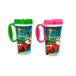 Disney World Set Of Two Neon Whirley Travel Mugs With Handles Buzz Cars Nemo